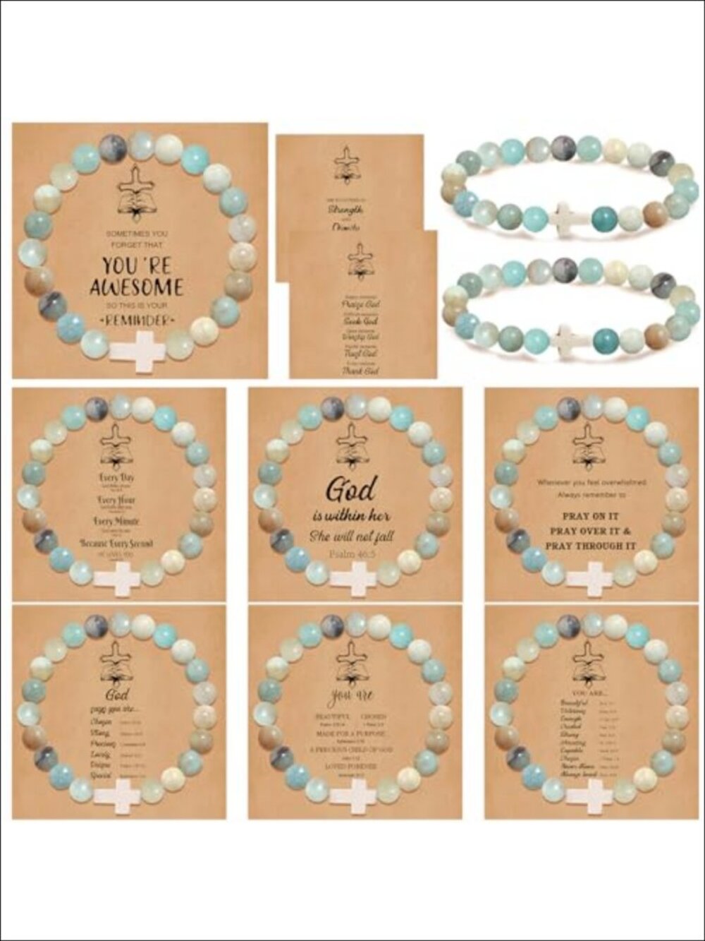 Cross Natural Stone Beaded Stretch Bracelets Set of 9